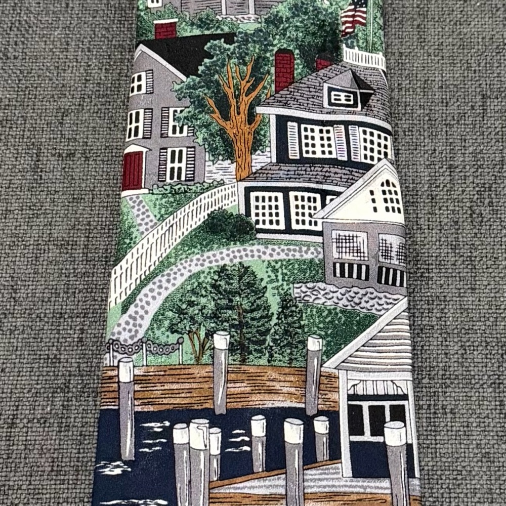 Scenic Nautical Print Tie - New England Village